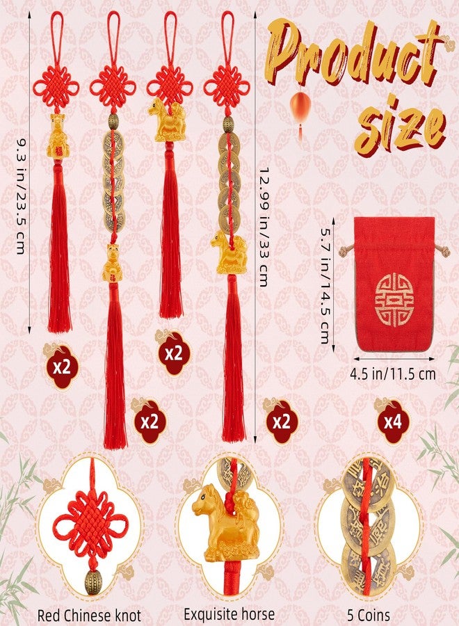 APUDWN 8 Pcs Chinese New Year Horse Decorations 2026 Lunar New Year fengshui Coins Chinese Knot Red Tassel Ornaments Luck Wealth Health Success Gifts with fu Bags for Home Car Potted Plant Tree Office - Image 2